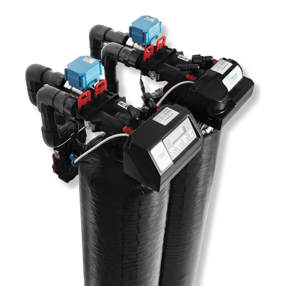 Dual tank water softener system with brine tank installed for residential whole-house water treatment